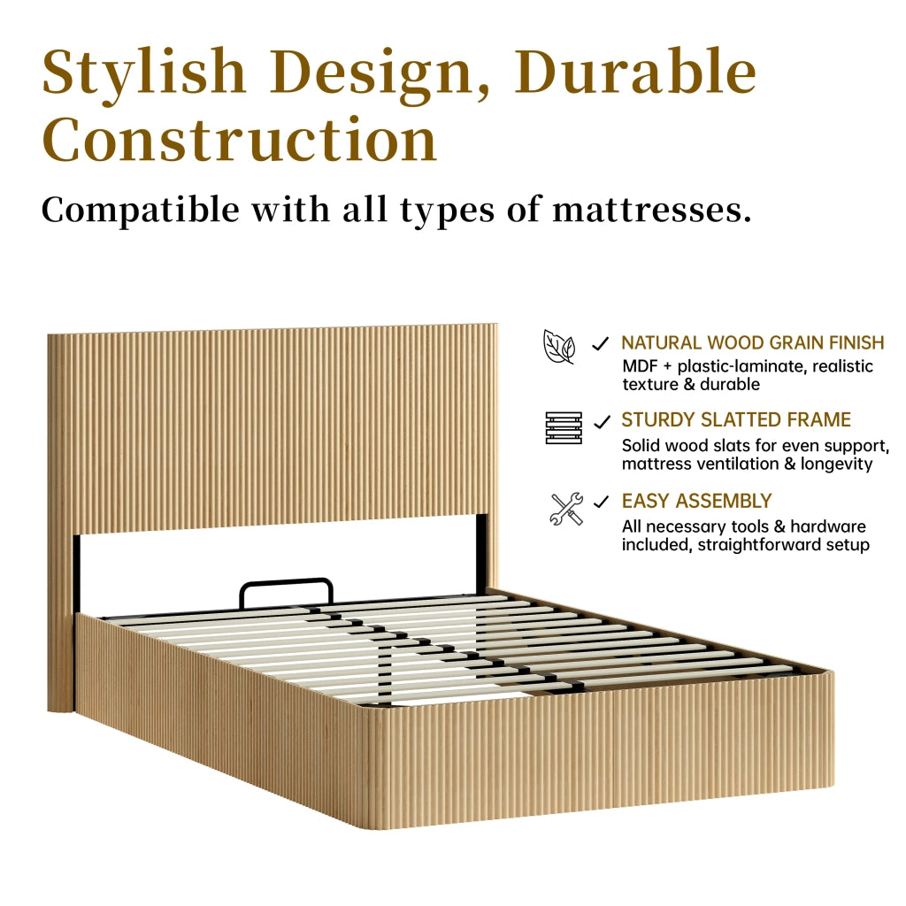 Letto contenitore 140 × 200 cm con sistema di sollevamento idraulico, ampia capacità, senza materasso, rovere chiaro
