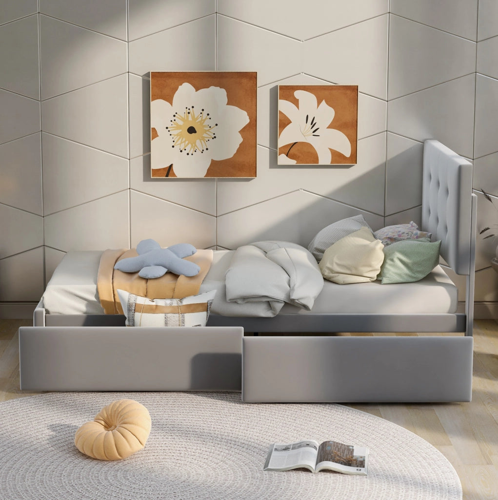 Letto imbottito classico 90x200 cm in velluto grigio con testiera e cassetto contenitore