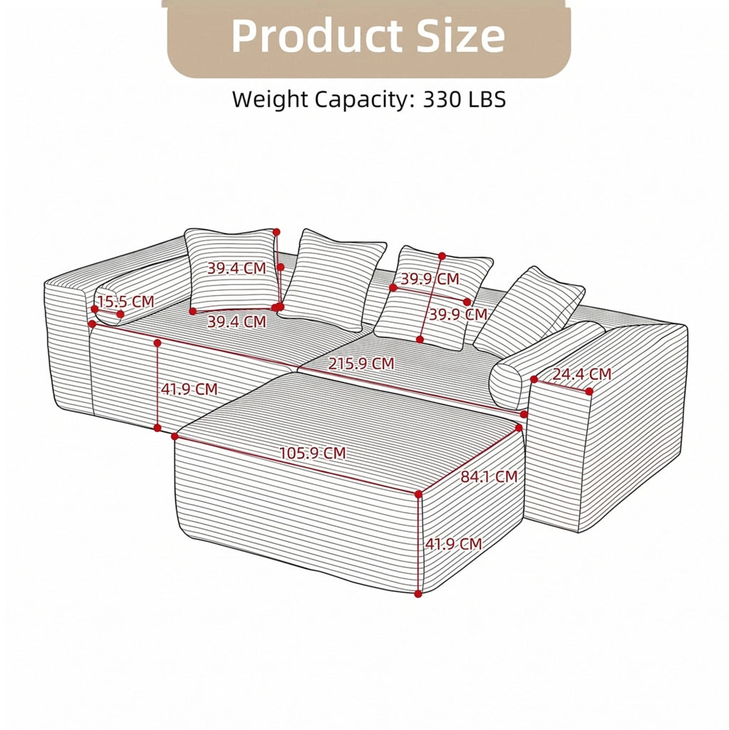 Divano modulare componibile 3 pezzi senza montaggio; chaise longue ampia; grigio