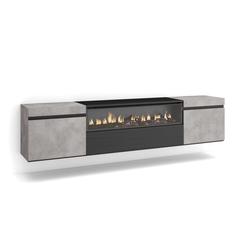 Mobile TV, 200x35x45cm, soggiorno, Per TV fino a 80", Camino elettrico, da appendere, grigio cemento RF2243