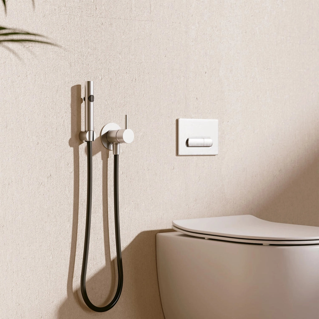 SINED Set doccino flessibile da parete per WC e bidet in acciaio inox 316L finitura inox argento completo di presa a muro tubo flessibile e doccetta bidet per interni ed esterni SET-DOCCINO-FLESSIBIL