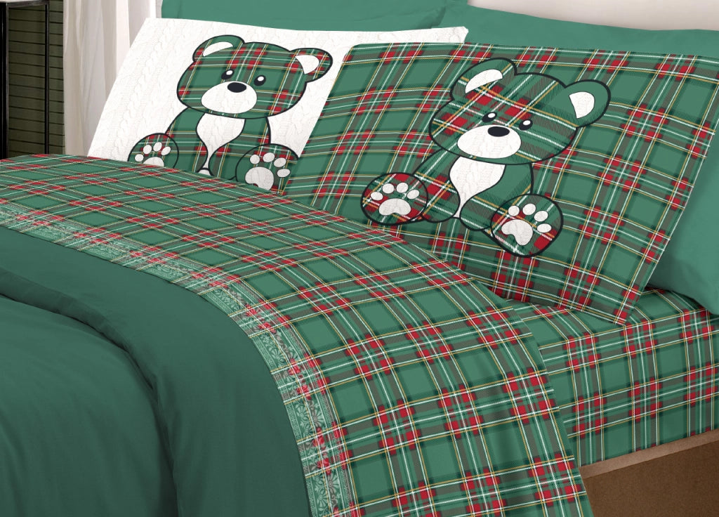 Completo Lenzuola Linea Pensieri Delicati 100% Cotone Disegno Orsetto Tartan - Singolo - Verde