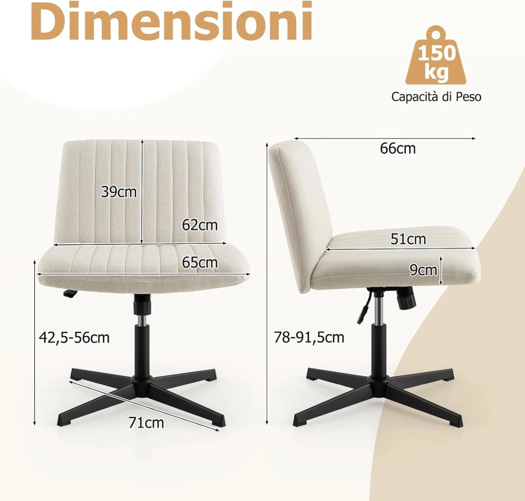 Sedia Ufficio Senza Ruote, Sedia da Scrivania con Sedile Imbottito, con Funzione a Dondolo 100°-120°, Girevole 360°, Altezza Regolabile, Sedia Ergonomica Portata 150 kg (Beige)