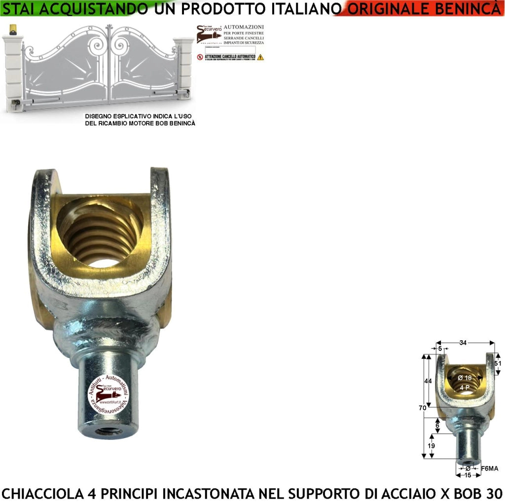 Supporto di Acciaio Zincato Con Incastonata la Chiocciola di Traino per Vite Senza Fine a 4 Principi Ricambio del BOB30 Codice Benincà 120F2 Foro da 18 mm con 4 Filetti Perno con Foro Filettato 6MA