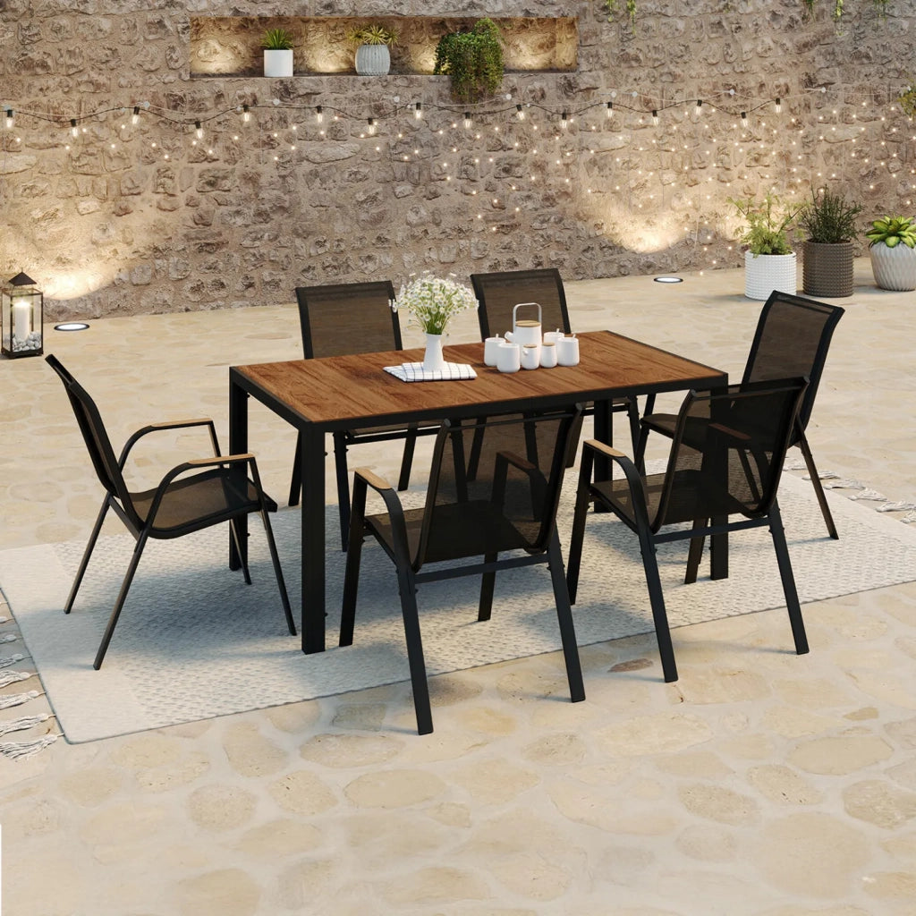 IDMarket - Set di mobili da giardino NOUMEA - Tavolo da 150 cm con piano in vetro temperato effetto legno e 6 sedie impilabili in legno e n