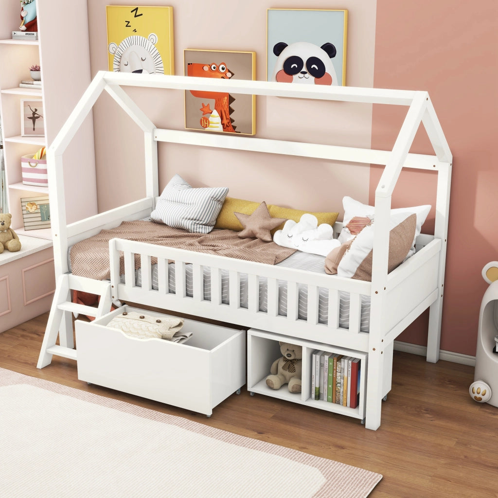 Letto a castello bianco con cassetti e scomparti 200x90 cm in legno massello di pino