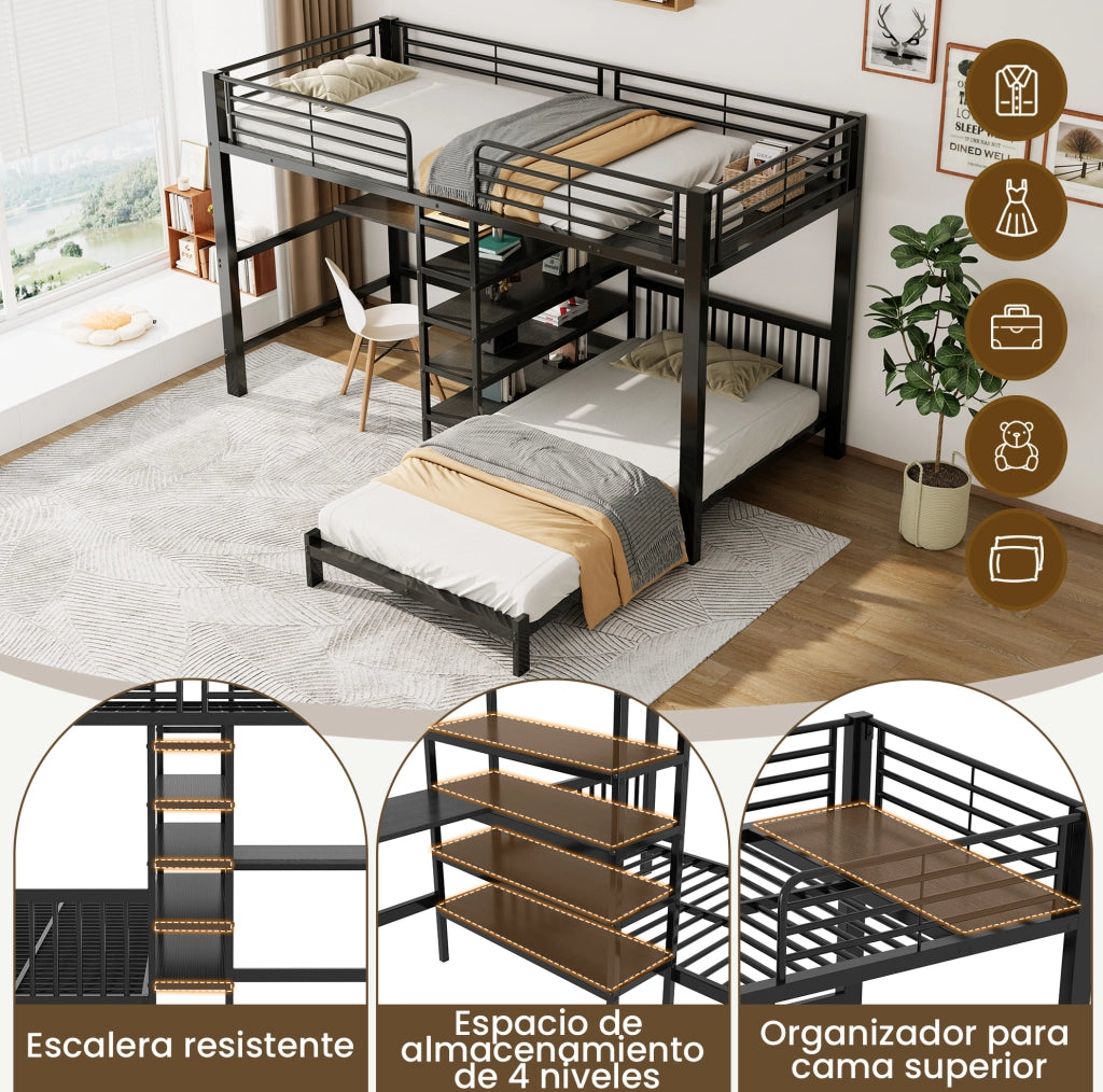 Letto a soppalco 90x200 cm con scrivania e prese USB Type-C