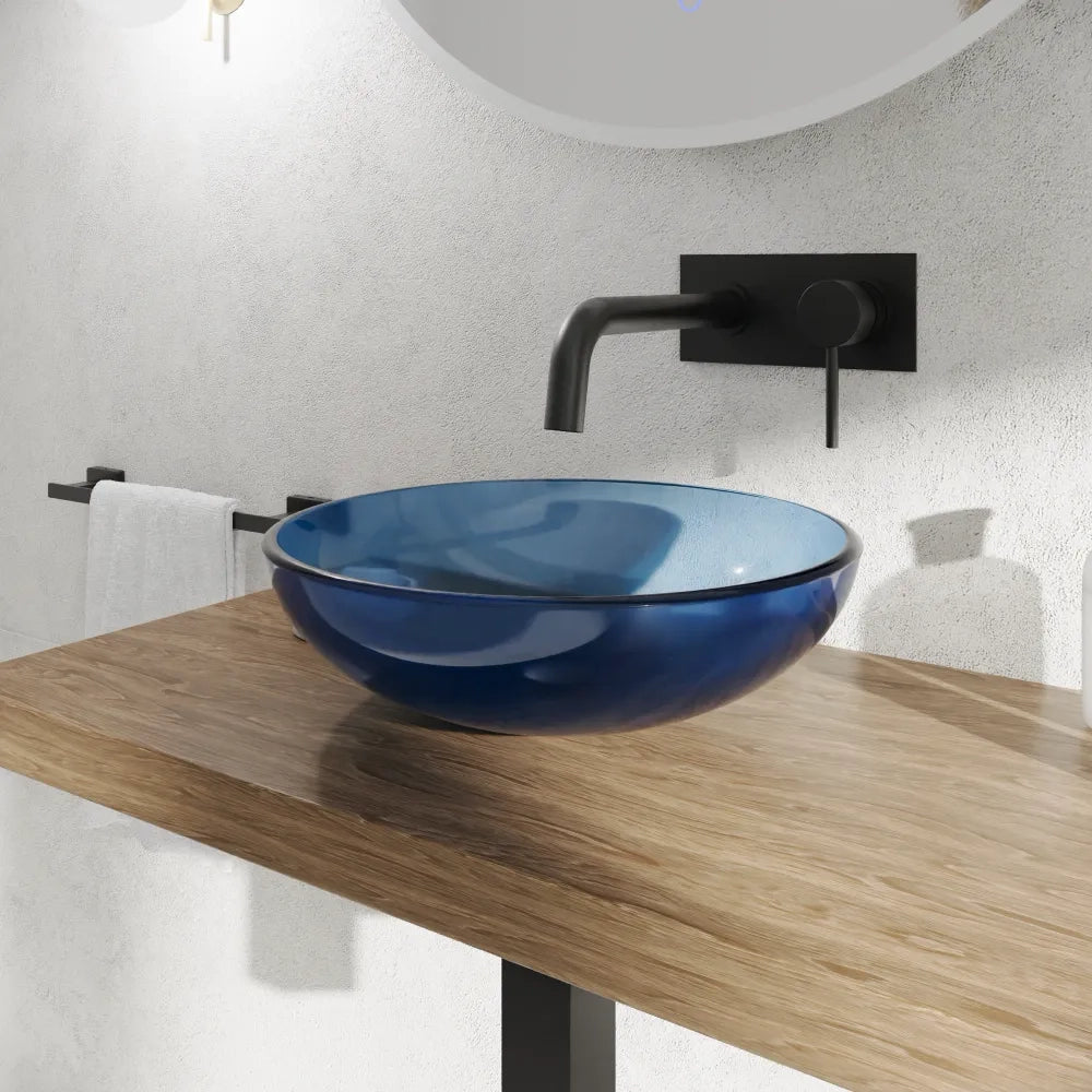 Lavabo da appoggio in vetro trasparente 39,5x39,5x14cm color blu | Aurea