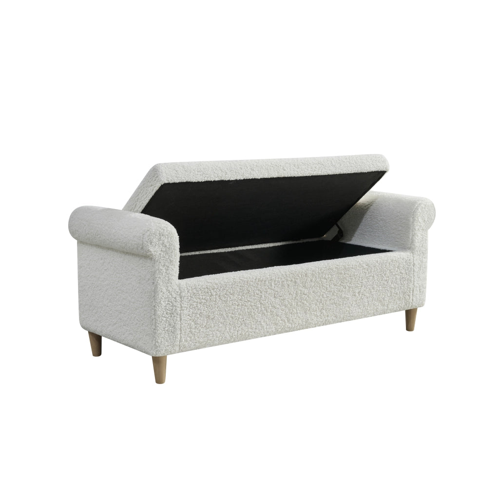 Pouf contenitore con coperchio sollevabile, in tessuto e piedi in legno, stile nordico bianco 106 × 51 × 33 cm
