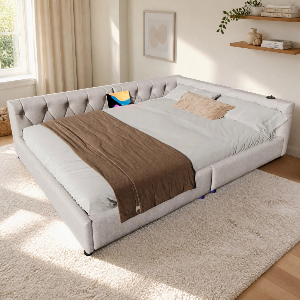 Divano letto 140x200 cm in lino beige con rete a doghe, LED RGB, USB e Type-C