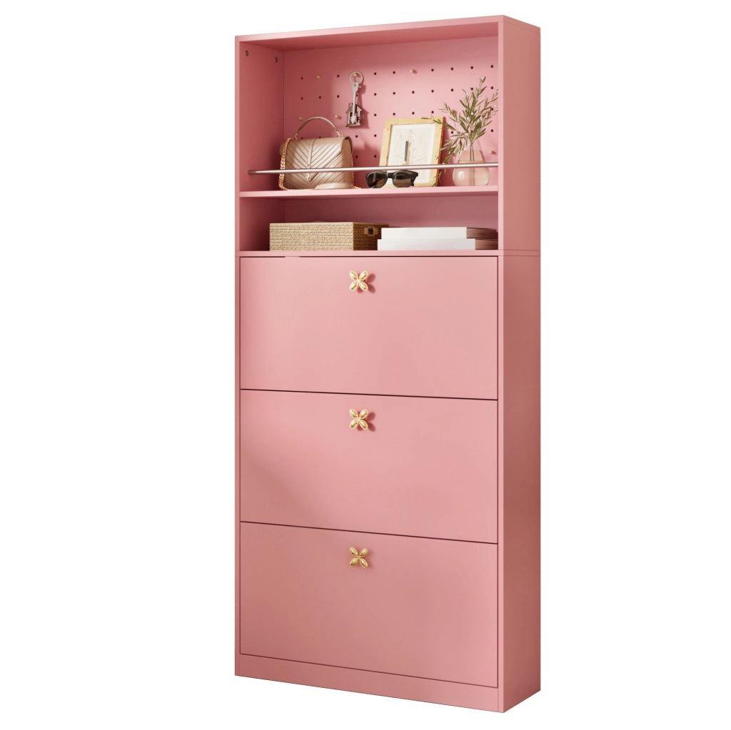 Scarpiera alta salvaspazio rosa con ante a ribalta e pannello forato