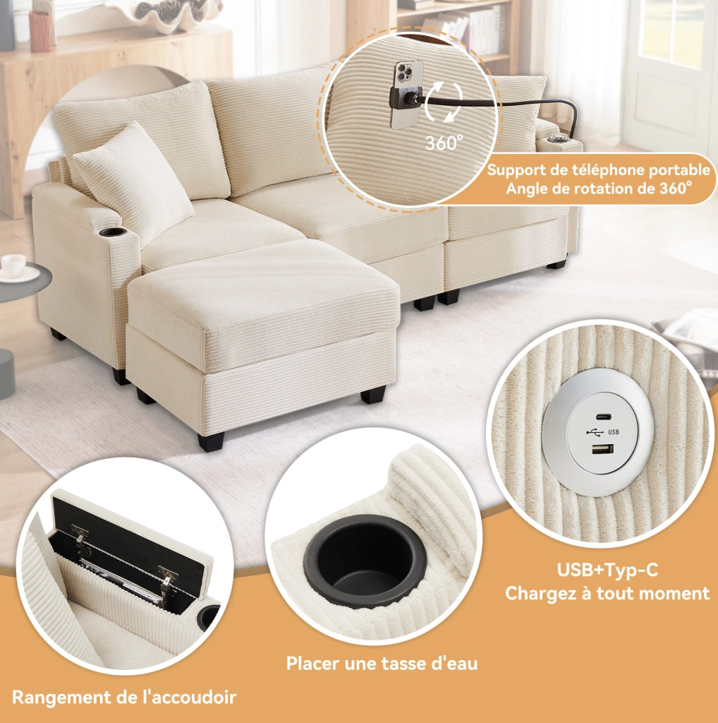 Divano angolare 3-4 posti con pouf mobile; USB e ripiani; 213;5x139x87 cm; velluto a coste beige
