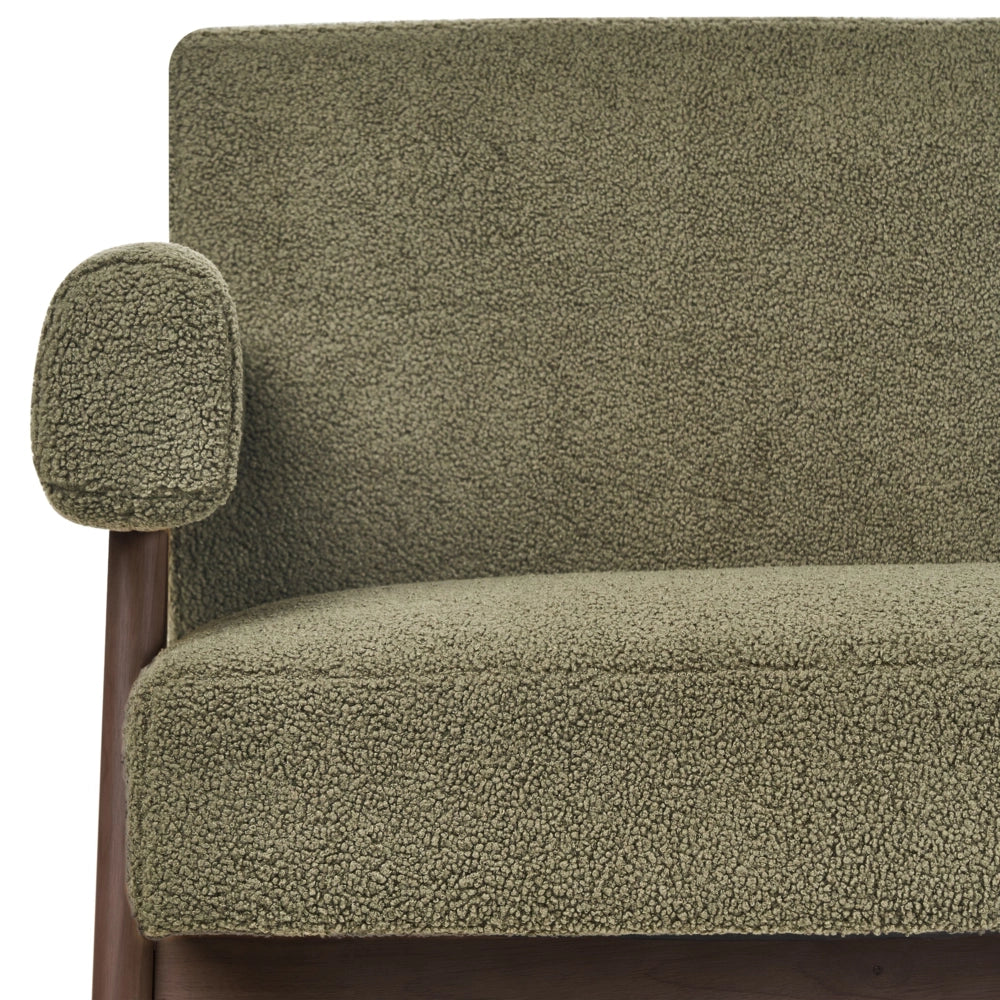 Divano a 2 posti Rivestimento in bouclé verde e marrone scuro Design retrò Gambe in legno Soggiorno