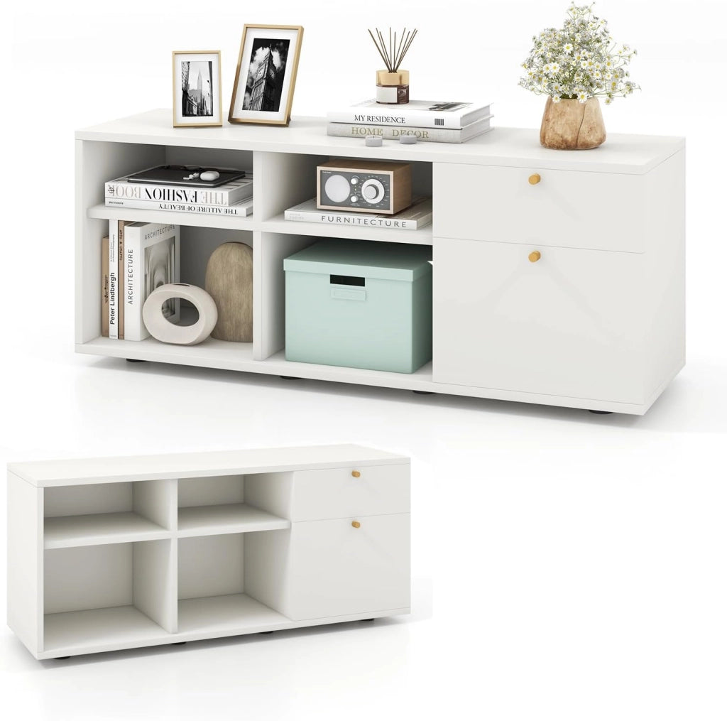 Armadietto con 4 cubi semi-aperti e 2 cassetti, armadio multifunzionale con piedini regolabili, mobile laterale in legno, 108 x 39 x 50 cm, Bianco