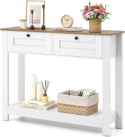 Tavolo consolle in legno a 2 livelli, mobile d'ingresso con 2 cassetti e ripiano inferiore, 106 x 30 x 81,5 cm, stile rustico, tavolino ausiliario stretto per soggiorno, corridoio
