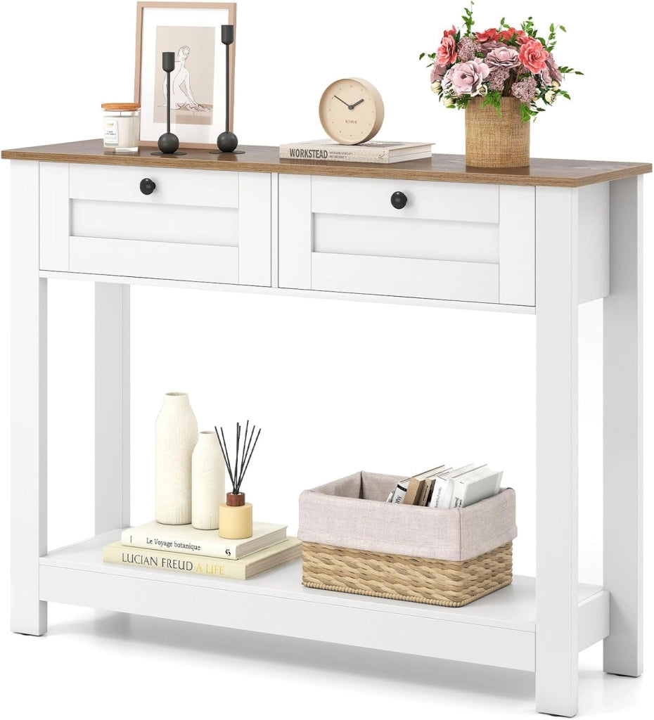 Tavolo consolle in legno a 2 livelli, mobile d'ingresso con 2 cassetti e ripiano inferiore, 106 x 30 x 81,5 cm, stile rustico, tavolino ausiliario stretto per soggiorno, corridoio