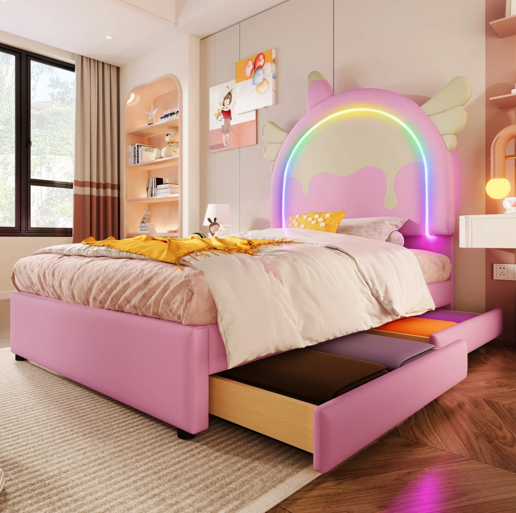 Letto imbottito rosa con leuchtleiste e 2 cassetti, 90 x 200 cm