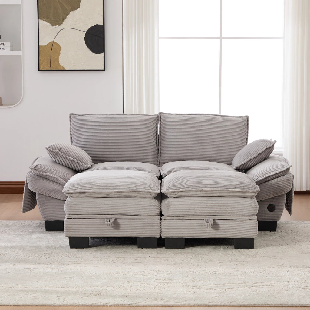 Divano modulare 2 posti in velluto a coste con pouf, usb-c, tasche laterali e seduta ergonomica, grigio chiaro