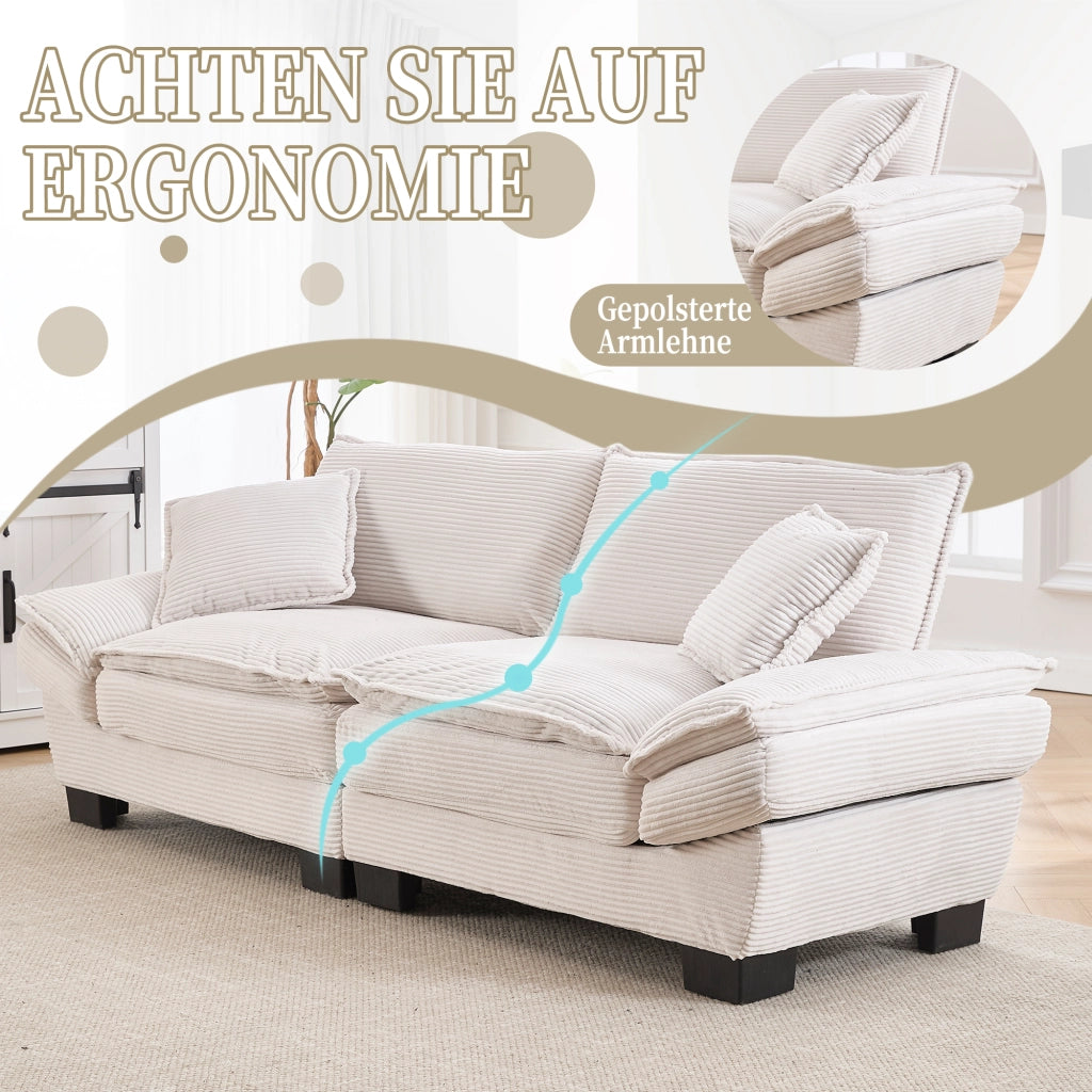 OKWISH Divano Lineare 2 Posti con Seduta Ultra Profonda, Braccioli Imbottiti e 2 Cuscini, Velluto Beige