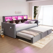 Letto imbottito 90x190 cm con letto estraibile, testiera con vani portaoggetti, LED e prese, velluto grigio scuro