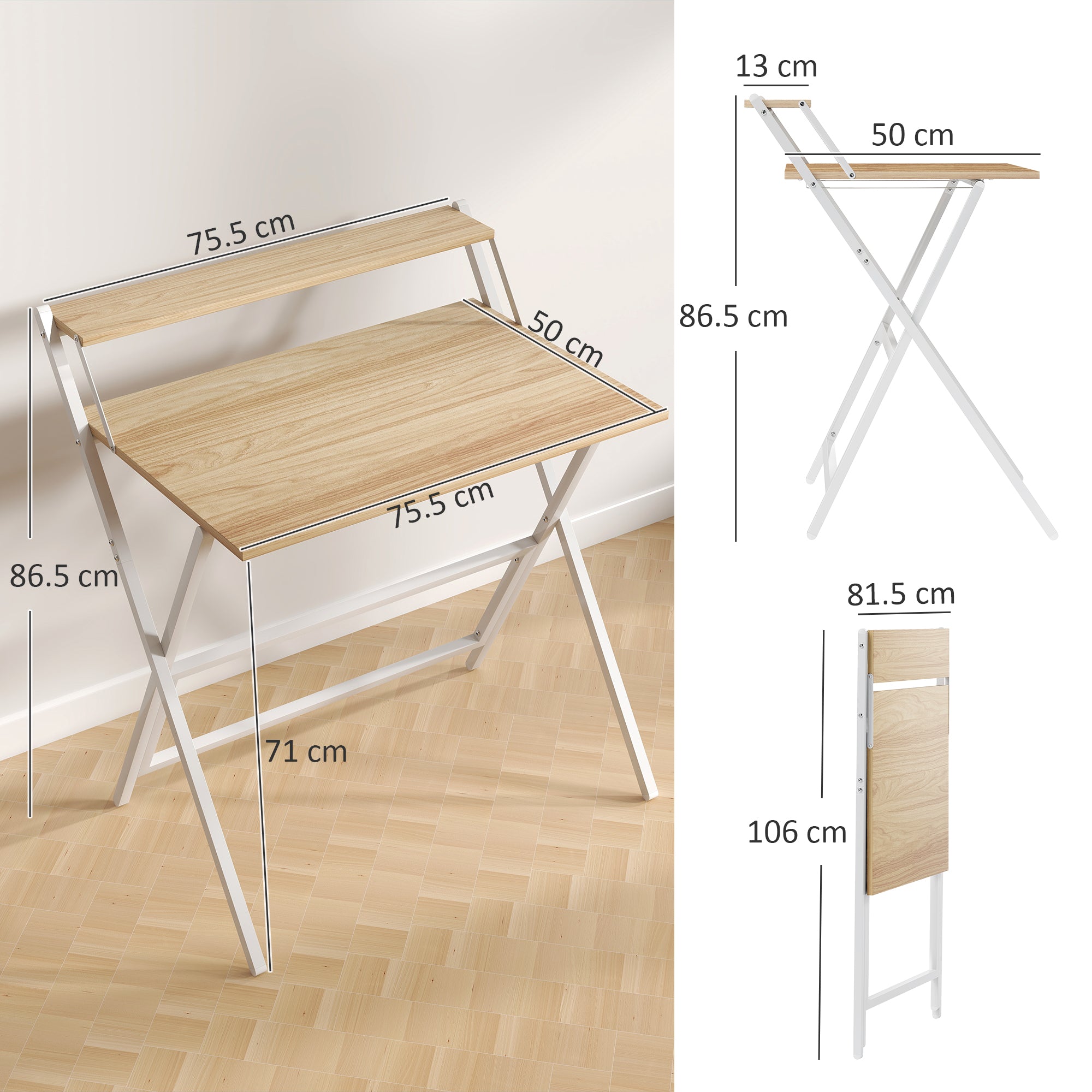 Scrivania Pieghevole 81,5x62x86,5 cm con Ripiano per Monitor Legno e Bianco