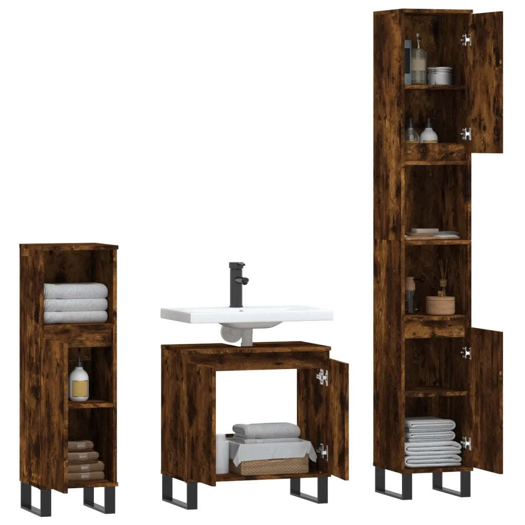 Set Mobili da Bagno 3 pz Rovere Fumo in Legno Multistrato 3187802