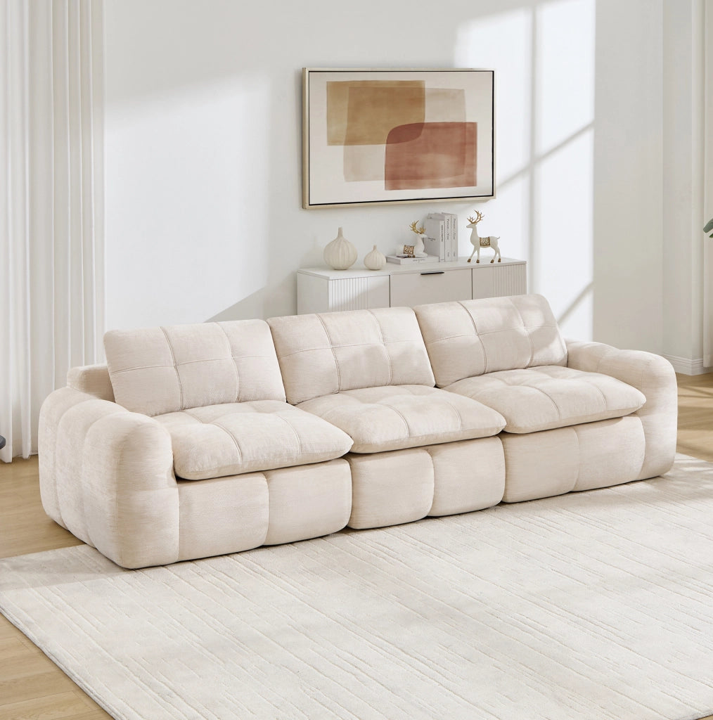 Divano modulare senza telaio in ciniglia beige; 264 x 97 x 68 cm