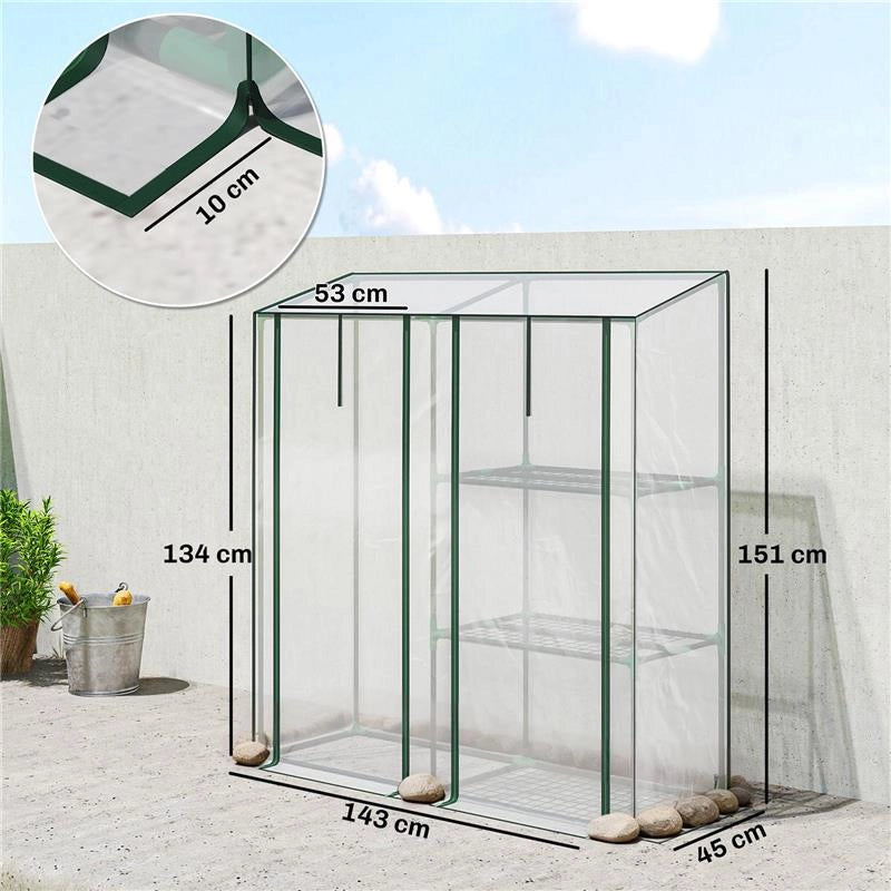 SERRA VERTICALE A 2 SEZIONI CON 3 RIPIANI, IN PLASTICA E ACCIAIO, 143X45X151 CM, VERDE SCURO E TRASPARENTE