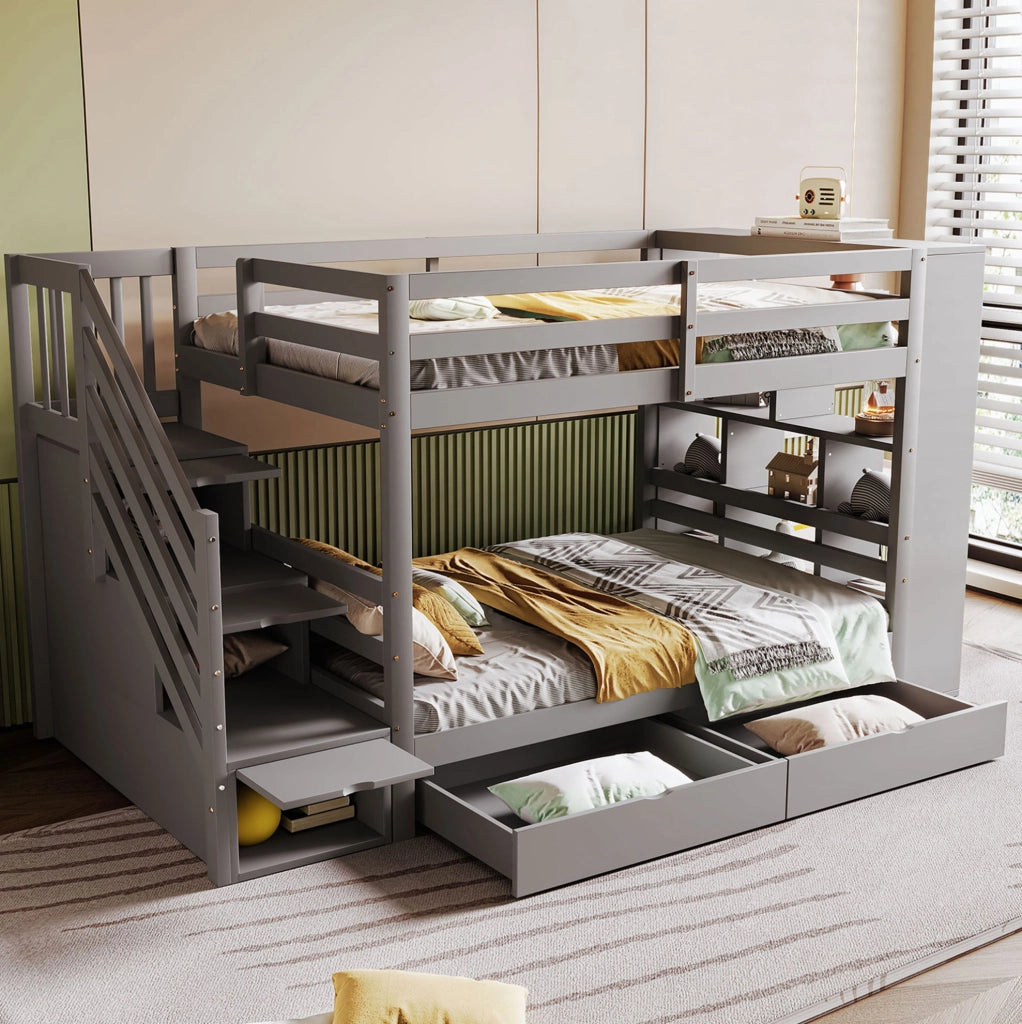 Letto a castello modulare 90x200 cm in legno grigio con scala contenitore e cassetti