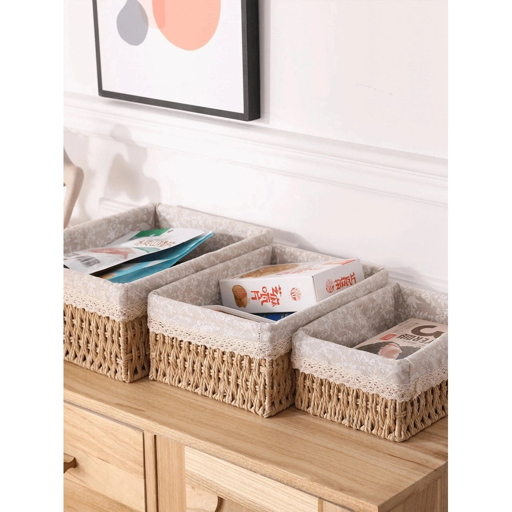 Trade Shop - Set 3 Pz Porta Oggetti Organizer Cestino Intrecciato Con Fodera In Tessuto 79158 -