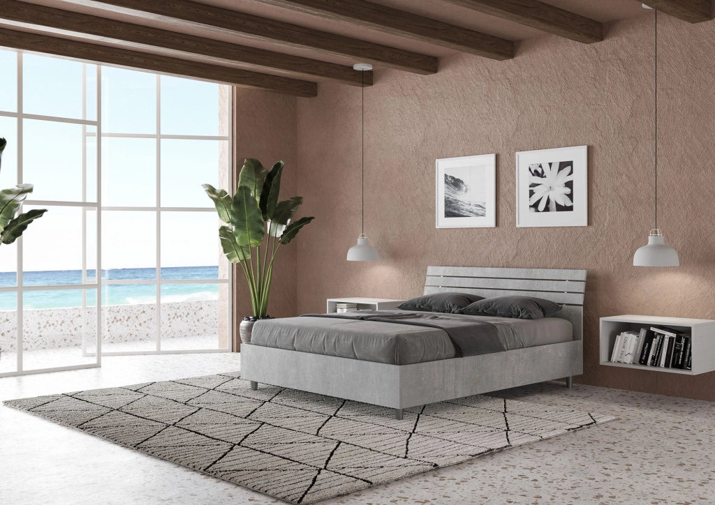 Letto Matrimoniale Francese 140x190 cm con Rete Ankel Testata Doghe Inclinata Cemento
