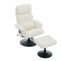 Poltrona relax, reclinabile e massaggiante a 5 punti, con funzione di riscaldamento elettrico e poggiapiedi, girevole a 360°, in tessuto chenille, 75.5x77x100 cm, Bianco