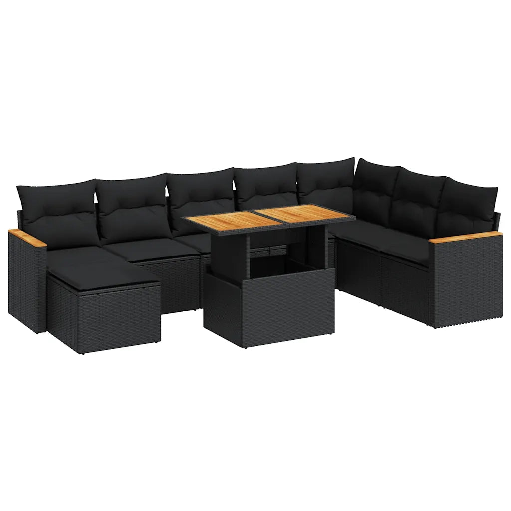 Set Divani da Giardino 9 pz con Cuscini Nero Polyrattan Acacia 3327520