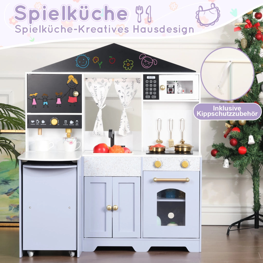 Cucina giocattolo per bambini con lavello, forno, microonde, caffettiera, isola cucina e credenze in MDF lilla