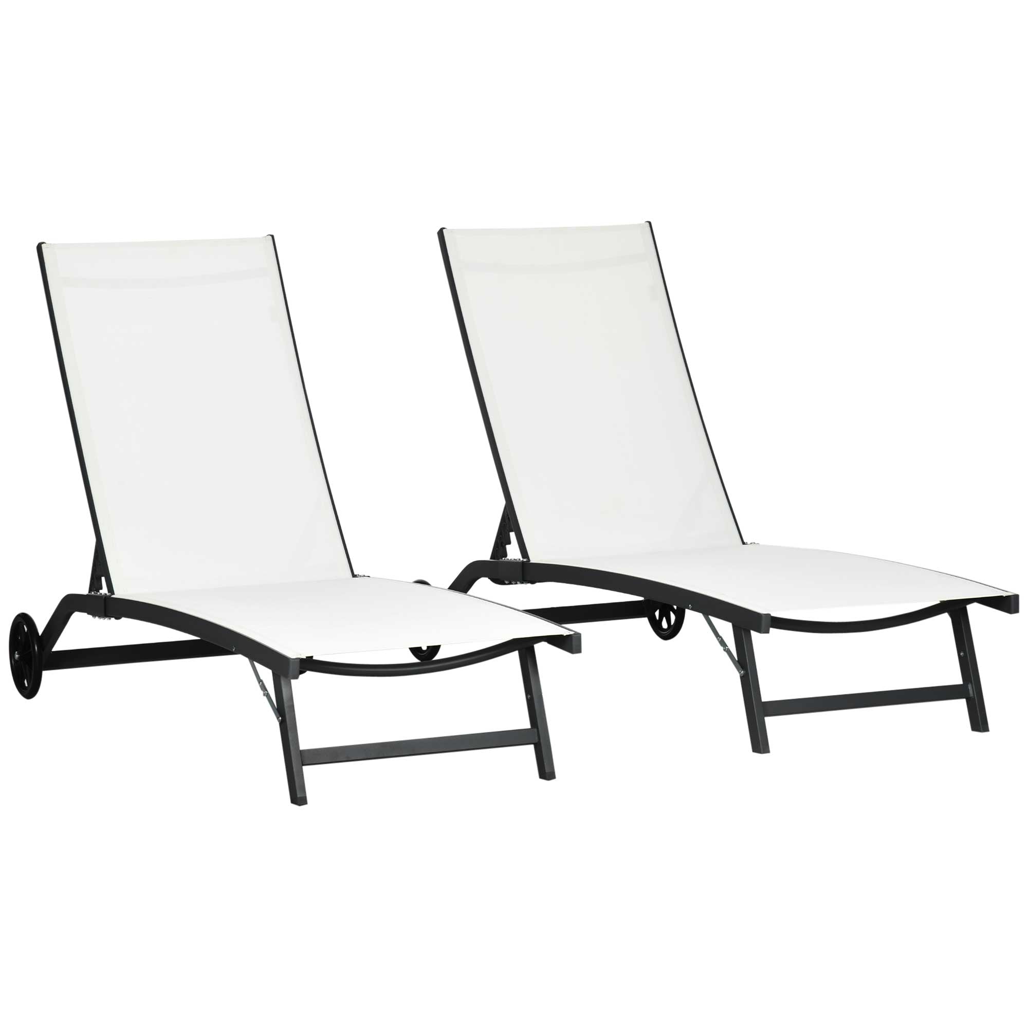 Set 2 Lettini Prendisole 66x165x102 cm con Schienale Reclinabile in Alluminio e Tessuto Traspirante Crema