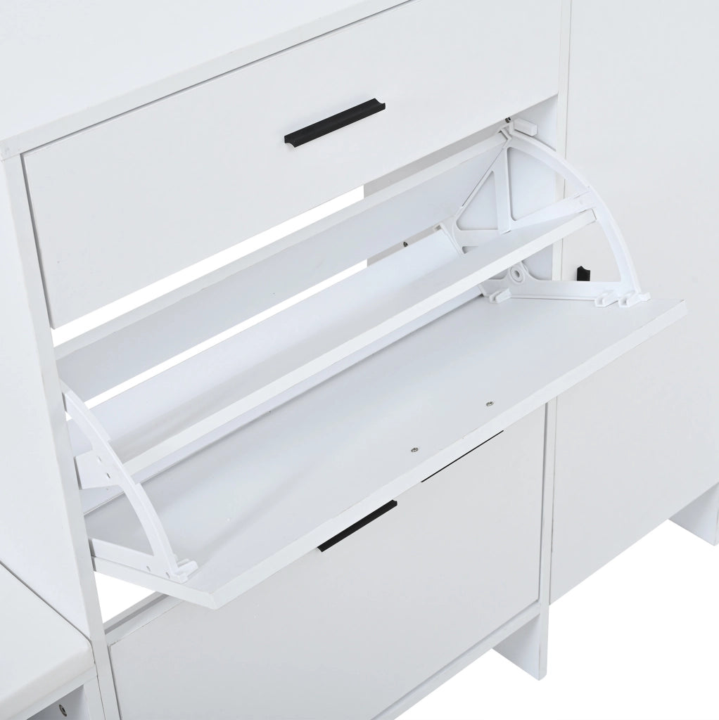 Mobile ingresso multifunzione 140x30x200 cm con specchio; scarpiera; ganci e panca; bianco