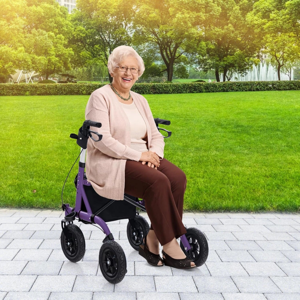 Deambulatore con Seduta 2 in 1, Rollator Pieghevole per Anziani con 4 Ruote, Maniglie Regolabili in Altezza 81-94cm, Portaombrelloni e Borsa Portaoggetti, Carico Massimo 160 kg (Viola)