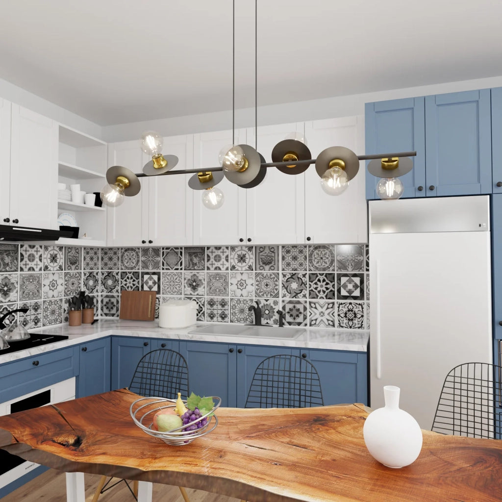 Lampadario 8 Luci Eos In Acciaio Nero E Oro Con Barra E Diffusori A Piatti