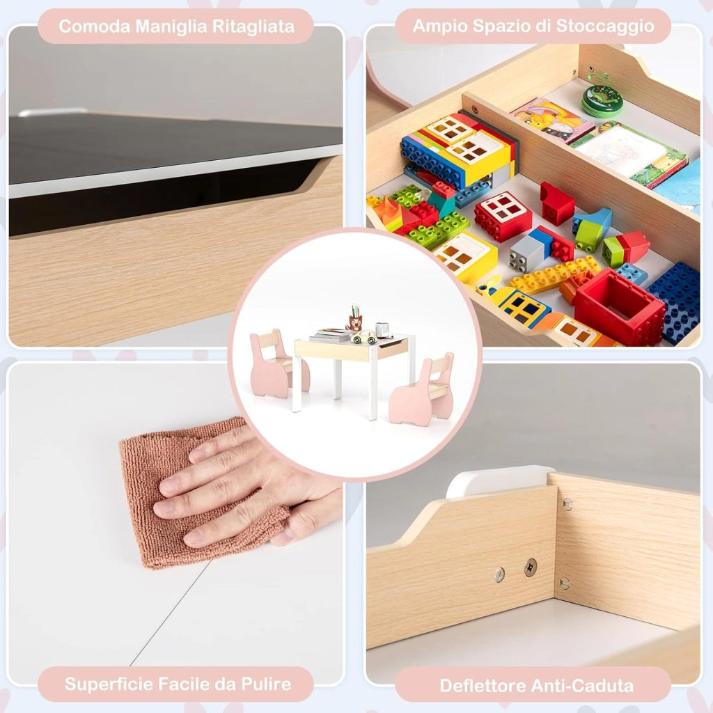 3 in 1 Set Tavolo e Sedie per Bambini, Tavolo da Attività per Bambini con 2 Sedie, Lavagna Rimovibile e Deposito, per Giocare, Disegnare e Leggere, in Legno (Rosa)