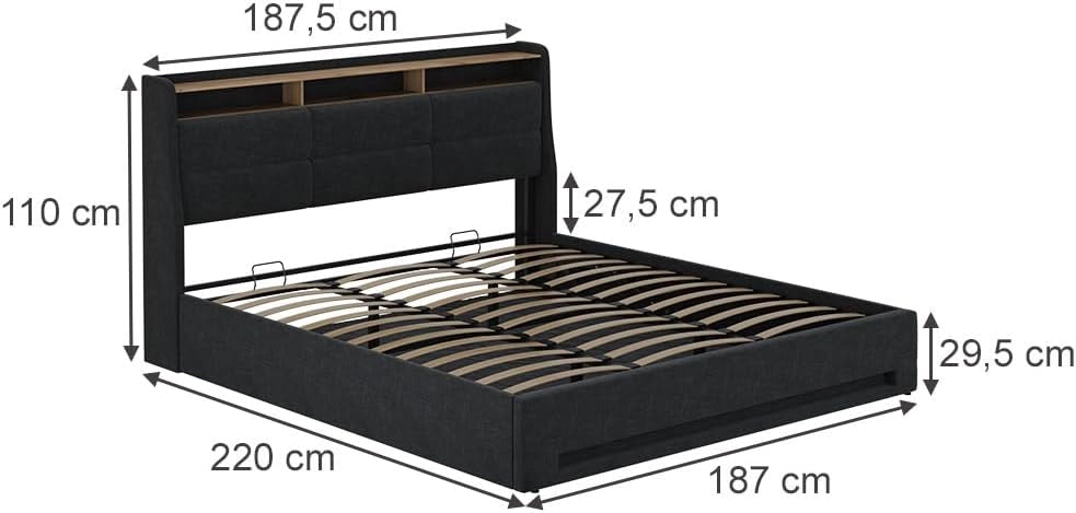 Letto imbottito Christin, Antracite/quercia, 180x200 con LED e porta USB
