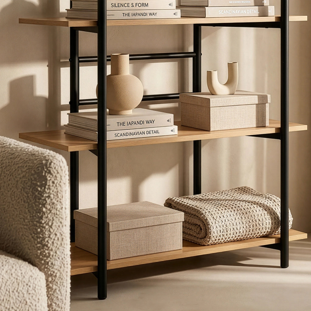 Libreria Kappespoo Scaffale da Terra a 5 Ripiani 124 x 80 x 35 cm - Nero/Effetto Rovere [en.casa]