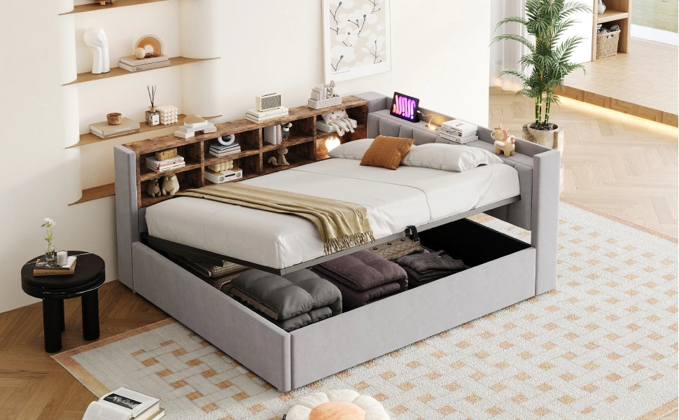 DESMIU Letto contenitore 140 × 200 cm 2 posti con LED, USB, Type-C e ripiani, senza materasso, velluto grigio chiaro