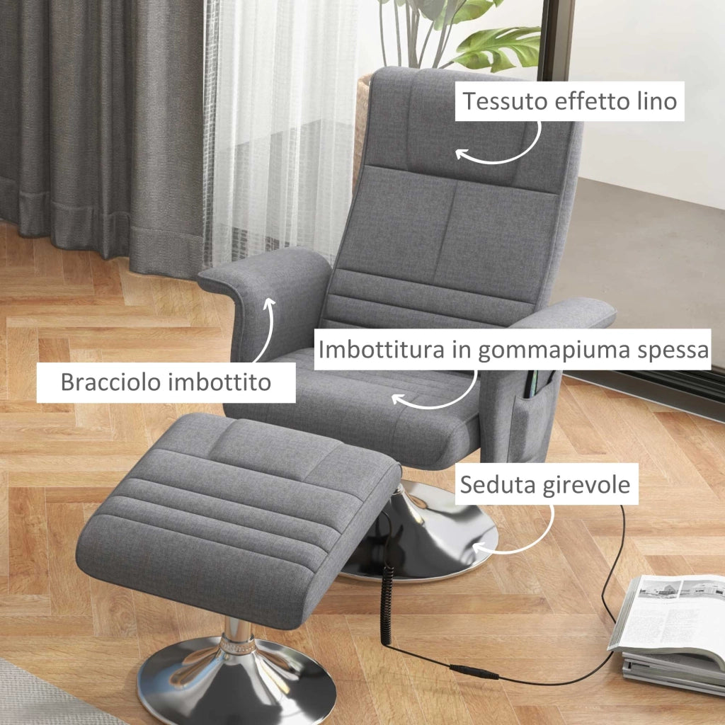Poltrona Massaggiante e Reclinabile con Poggiapiedi 78x90x93 cm in Tessuto Effetto Lino Grigio Scuro