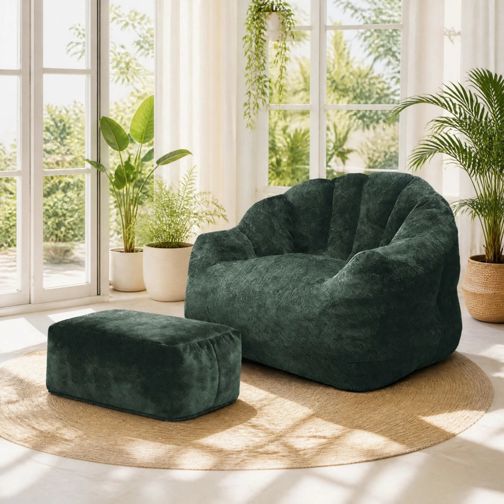 Poltrona con pouf poltrona relax con schienale a petalo e imbottitura soffice in ciniglia verde