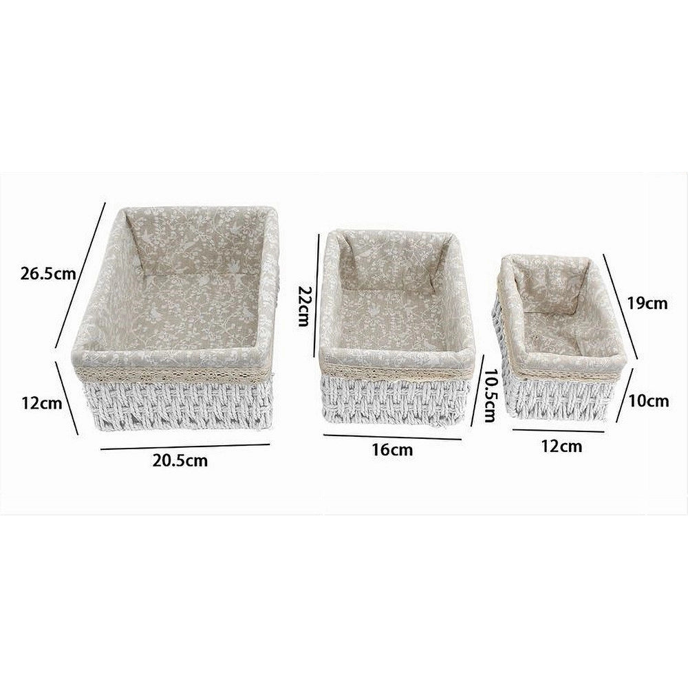 Trade Shop - Set 3 Pz Porta Oggetti Organizer Cestino Bianco Intrecciato Fodera Tessuto 79156 -