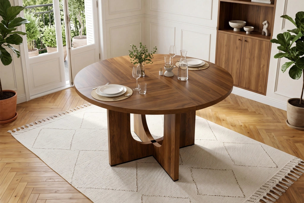 Tavolo da pranzo per 4-6 persone con piano rotondo, stile nordico, in MDF, colore noce, diametro 120 cm
