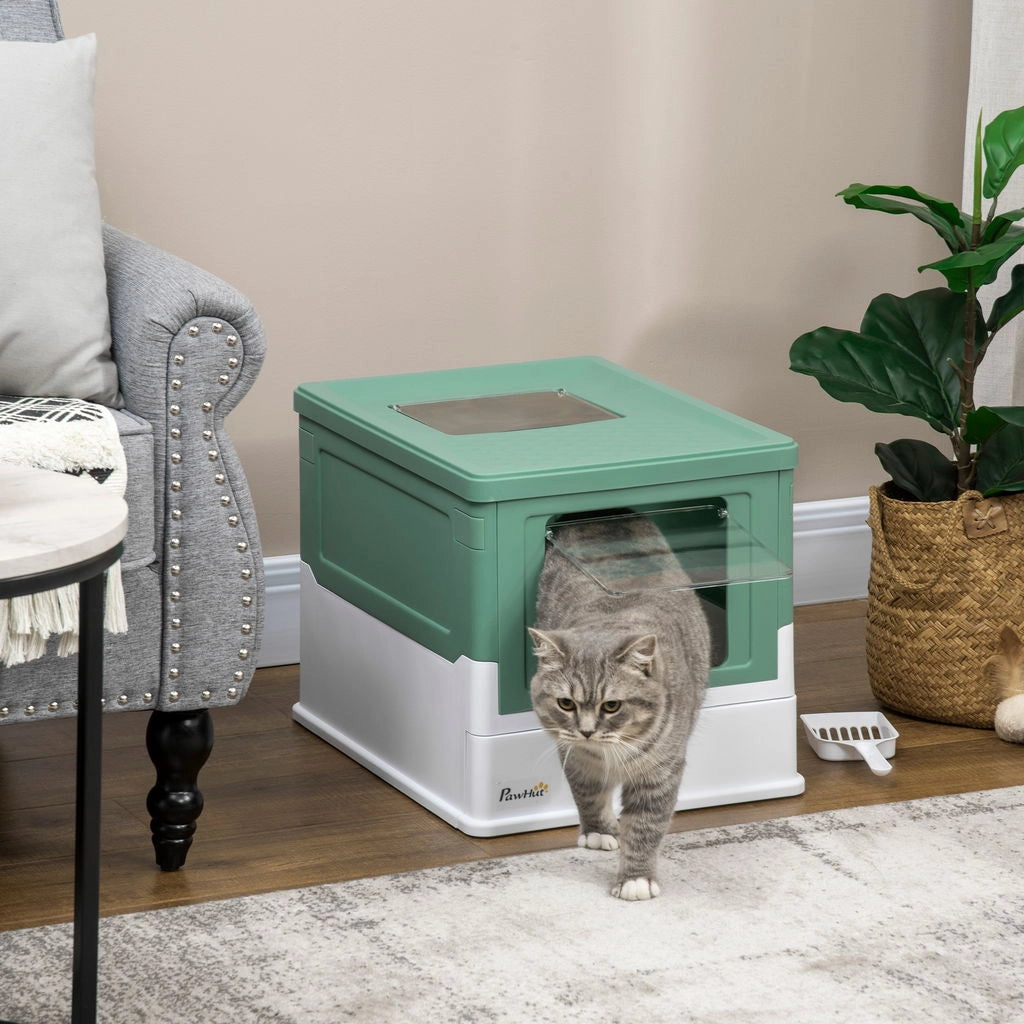 LETTIERA PER GATTI CHIUSA CON PALETTA, VASSOIO ESTRAIBILE E 2 PORTE, 47.5X35.5X36.7CM, VERDE
