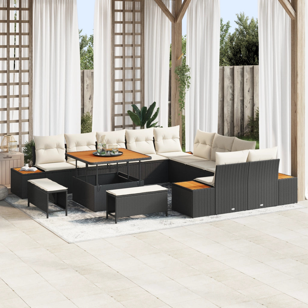 Set Divano da Giardino 13 Pezzi con Cuscini Nero Polyrattan Acacia