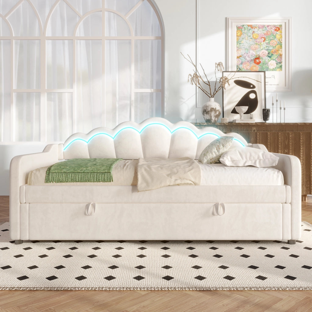 Letto singolo imbottito in velluto con contenitore e LED regolabili, 90x200 cm, beige