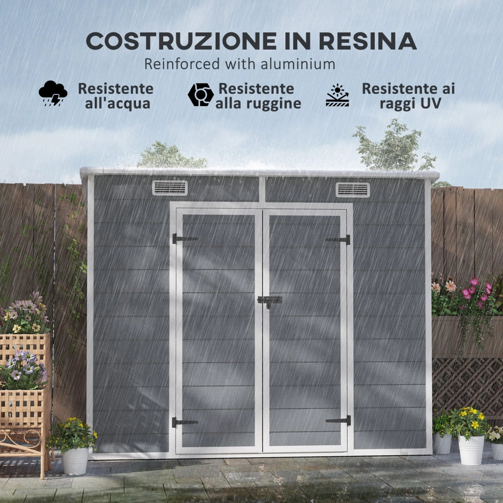 Casetta Box da Giardino 240x130 cm con Pavimento 2 Porte con Blocco e Finestra in Resina Grigio
